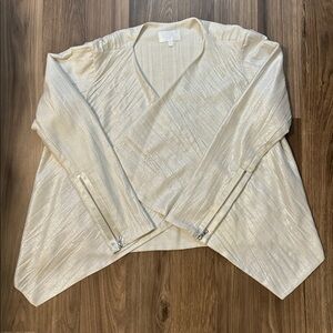 Alexis Metallic Shimmer Silver White Zipper Cuffs Open Drape Cardi Jacket S